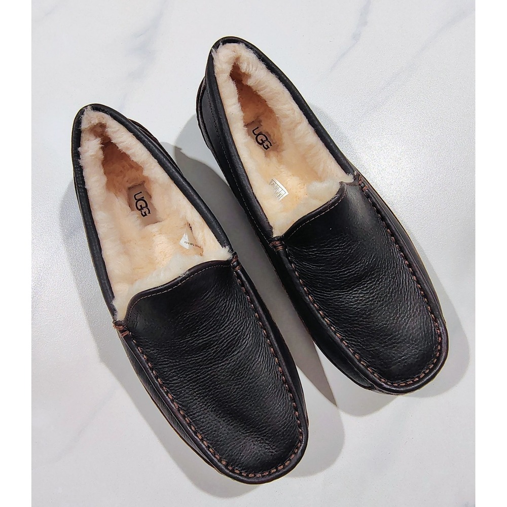 UGG Men's Ascot Slippers Sherpa Wool Brown Pebbled Leather Water Resistant  11